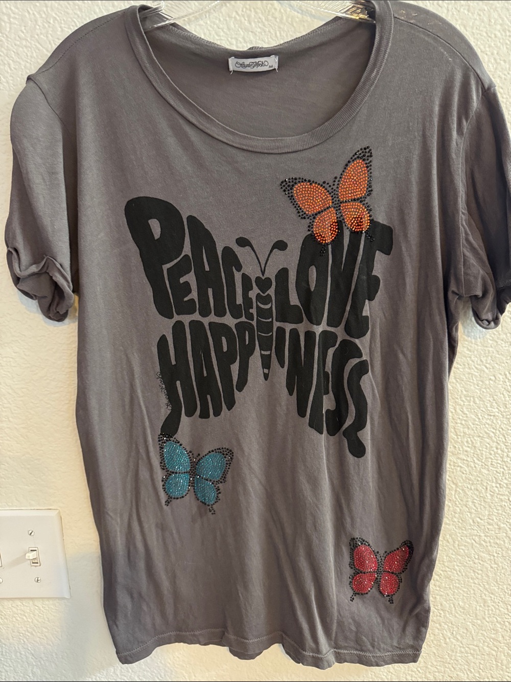 Lauren Moshi Peace Love Happiness Butterfly Graphic Tee - Gray